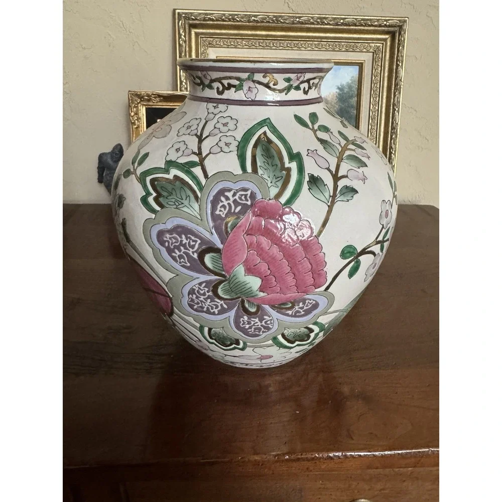 Vintage Porcelain Vase Hand Painted Floral‎ Gold Gilt Chinoiserie Decor 11